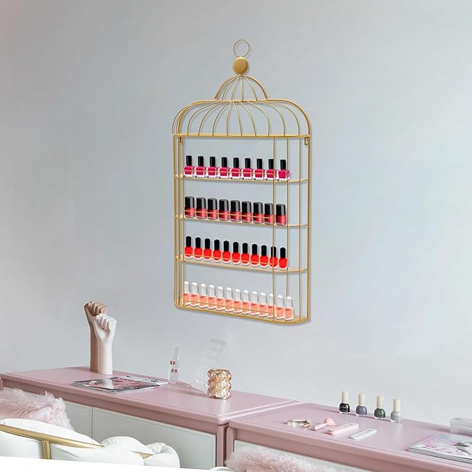 Wall-Mounted Nail Polish Racks, 6-Tier Metal Makeup Display Wall Shelf Storage Organizer for Home Spa Nail Salon Perfume Lipstick Cosmetic (Gold)