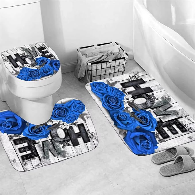 Yddsky Blue Rose Valentines 4 Pcs Shower Curtain Sets Non-Slip Rugs Bath Mat Toilet Cover U Shaped Mat Romantic Blue Bathroom Decor with 12 Hooks Valentines Day Bathroom Set