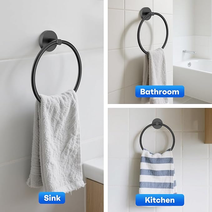 Hand Towel Holder Screw-in Matte Black Towel Ring for Bathroom Wall Stainless Steel Round Towel Hanger for Bathroom Hardware Accessories
