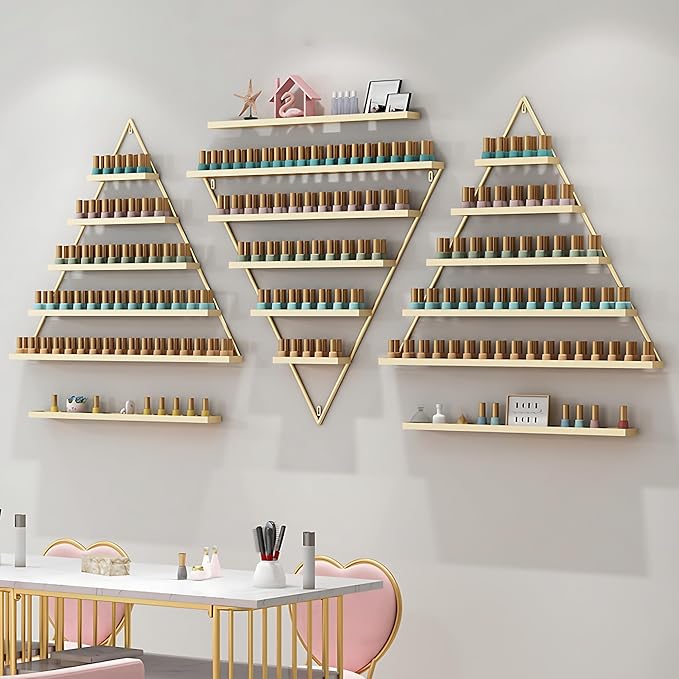Wall-Mounted Nail Polish Rack, Set of 6 Triangular Gold Nail Polish Shelf Lipstick Perfume Cosmetic Display Shelf for Home Spa Nail Salon Shop