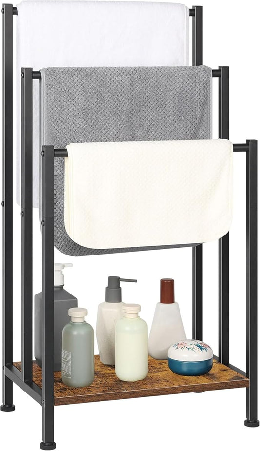Towel Rack Freestanding, Standing Towel Rack for Bathroom, 3 Tier Towel Rack Stand, Freestanding Towel Holder Floor, Metal Towel Bar Stand, Blanket Rack Stand for Bedroom, Rustic Brown