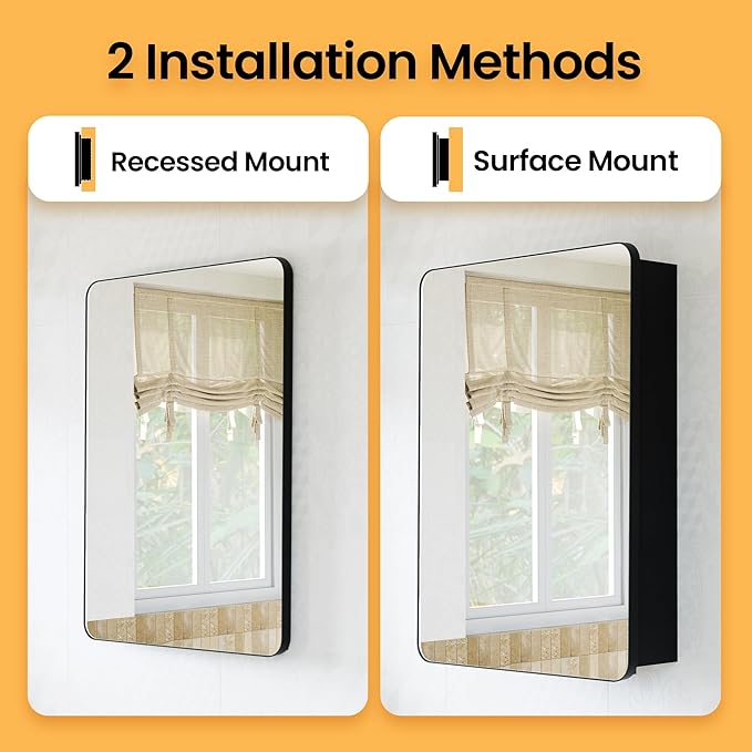 Medicine Cabinet with Mirror, 20x26 Inch Aluminum Bathroom Cabinet with Adjustable Glass Shelves, Built-in Makeup Storage, Recessed or Surface Mount, Soft Close Hinges, Matte Black