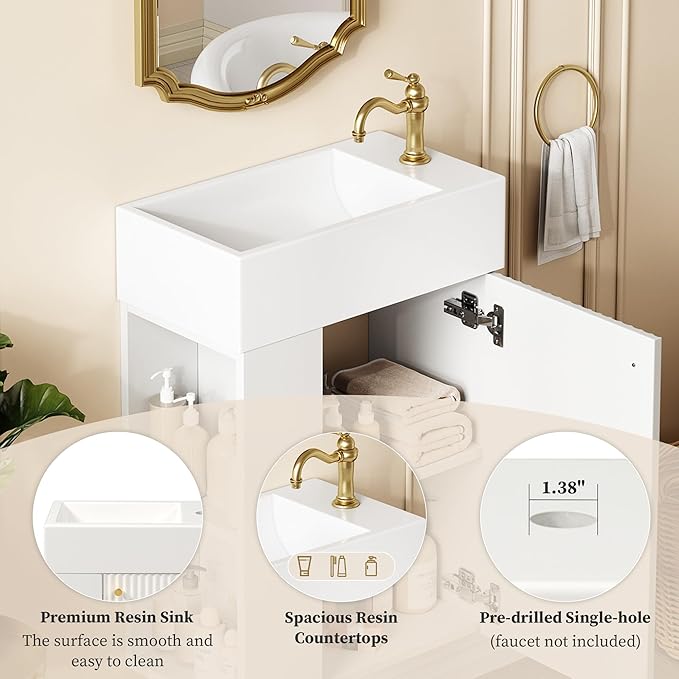 Virubi 18.5" Floating Bathroom Vanity with Sink, Soft Closing Doors, Wood Modern Single Small Bathroom Vanity Cabinet with Open Shelf, Wall Mounted (White, Left Shelves)