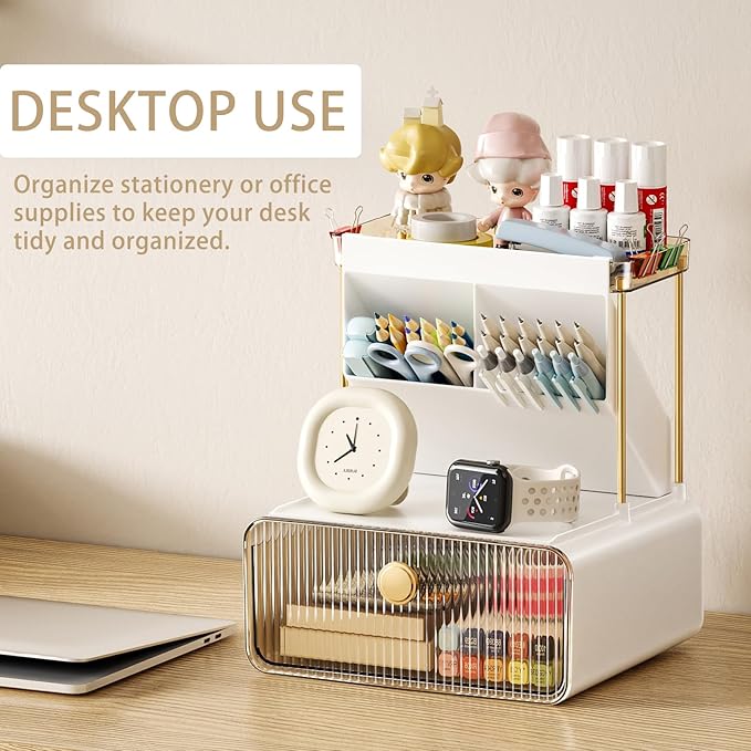 Makeup Organizer with Drawer for Vanity, 2 Tier 5 Zones Cosmetic Display Case Detachable, Cosmetic Storage Perfume Shelf for Bathroom Counter, Perfect Storage Solution for Your Beauty Essential(Amber)