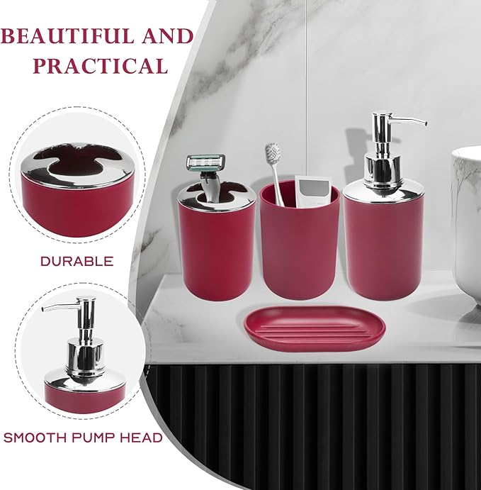 Bathroom Accessories Set, 6Pcs Bathroom Accessory Set Includes Toothbrush Holder, Soap Dispenser, Soap Dish, Toothbrush Cup, Toilet Brush, Trash can for Bathroom Countertop Decor(Burgundy)