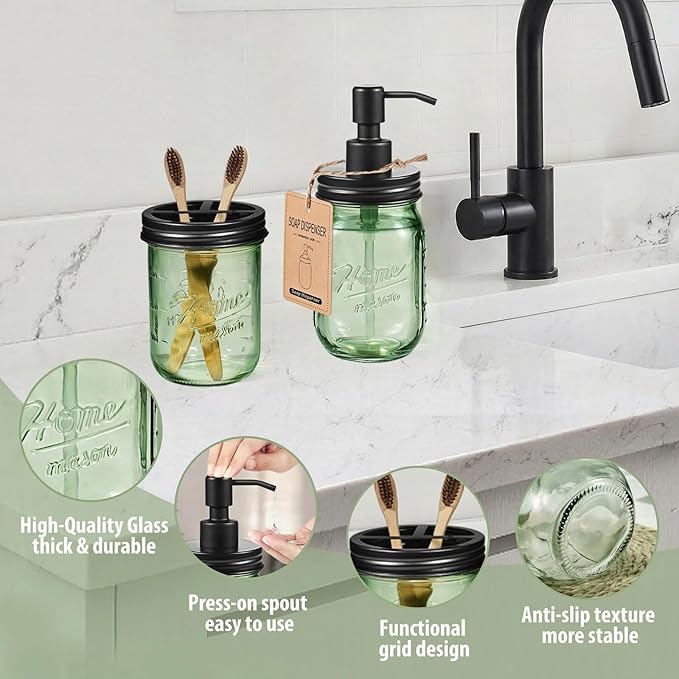 SheeChung Green Bathroom Accessories Set, 6Pcs Mason Jar Glass Bathroom Set, Lotion Soap Dispenser, Toothbrush Holder, Qtip Holder, Soap Dish, Metal Wire Basket, Rustic Farmhouse Bathroom Decor-Black