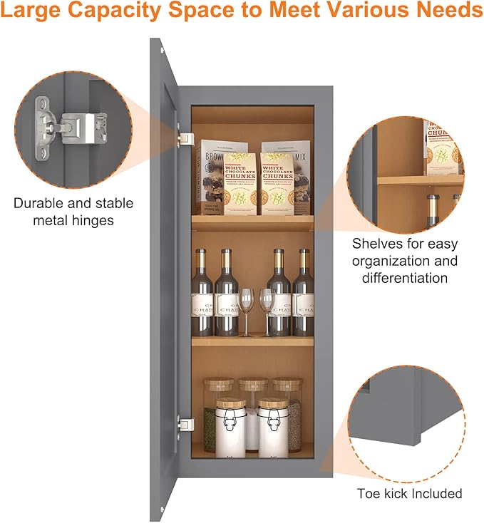 ROOMTEC Wood Wall Cabinet,RTA Single Door Medicine Cabinet with Adjustable Shelves and Soft-Close Door for Kitchen, Bathroom, and Laundry. 12" D*15" W*36" H, Shaker Grey