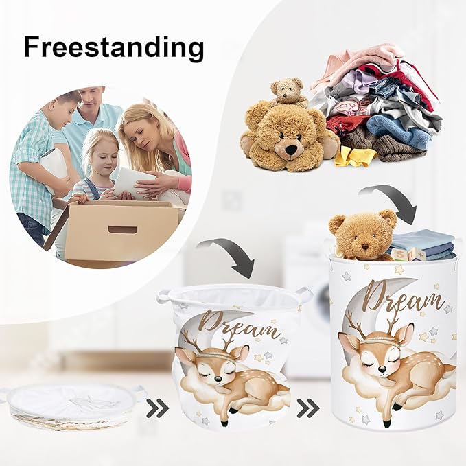 Sleeping Animals Baby Laundry Hamper Collapsible Clothes Kids Storage Basket Large Boys Girls Gift Toy Box Bin for Nursery, Deer, 63L