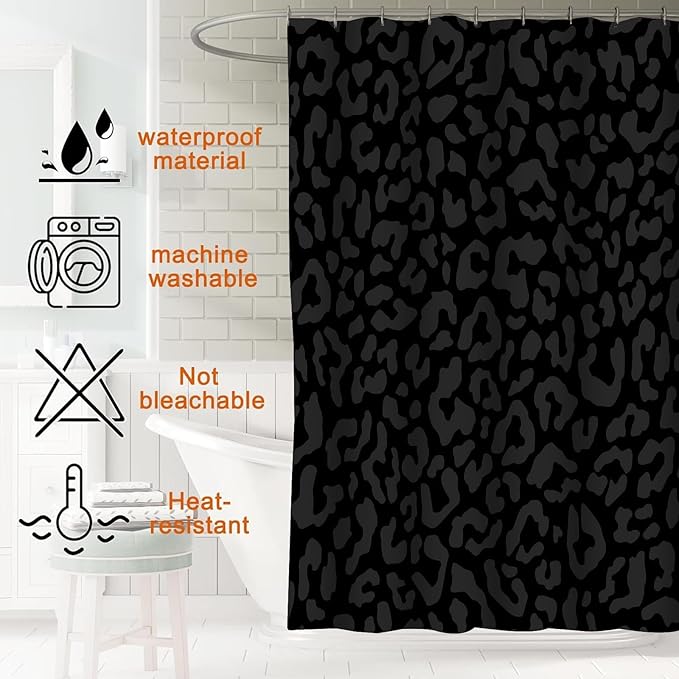 4 PCS Leopard Shower Curtain Cheetah Print Shower Curtain Sets Non Slip Bathroom Rugs Soft Plush Bath Mat Toilet Lid Cover Animal Print Shower Curtain with 12 Hooks for Bathroom Tub, Black