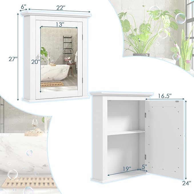 COSTWAY Bathroom Medicine Cabinet with Mirror, Wall-Mounted Storage Cabinet Organizer with 5-Position Adjustable Shelf, Hanging Bathroom Wall Cabinet for Living Room Bedroom Entryway (White)