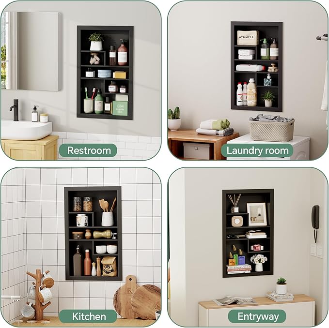 Stainless Steel Recessed Medicine Cabinet 14 * 24, Rust-proof Metal Wall Niche, In Wall Shower Niche Shelf Insert Replacement, Recessed Medicine Cabinets for Drywall, with 5 Compartments, Black