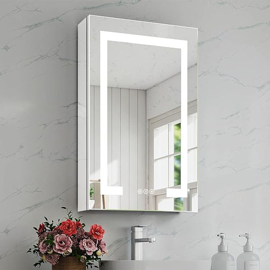16x24 Inch Bathroom Medicine Cabinet with Mirror, Lighted Bathroom Mirror with Storage, Recessed /Surface Mount Medicine Cabinet with Socket & USB, Anti-Fog, 3 Colors Temperature, Dimmable Light