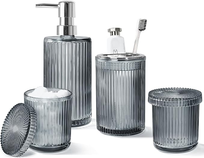KASUNTING Gray Glass Bathroom Accessories 4 Pcs, Grey Bathroom Set, Soap Dispenser and Toothbrush Holder Set, Qtip Holder Set, Vintage Bathroom Sink Set, Modern Bathroom Decor