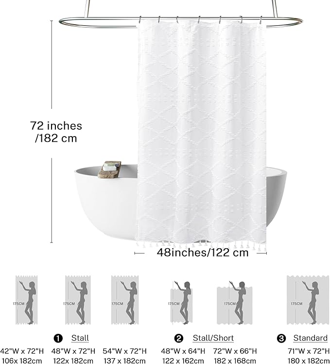 Stall Boho White Woven Fabric Shower Curtain with Tassels 48 x 72 Modern Farmhouse Minimalist Tufted Chevron Striped Shabby Chic Textured, Water Resistant Curtain for Bathroom, Hotel Decor