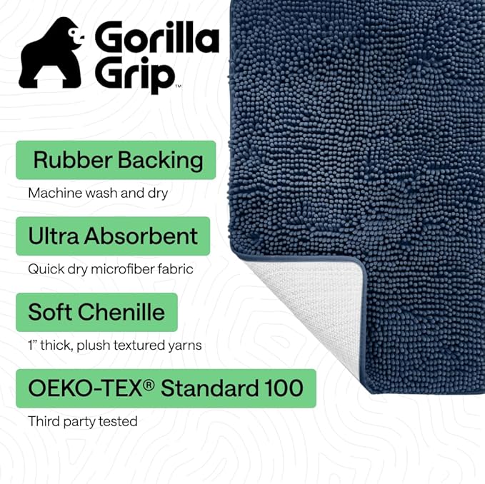 GORILLA GRIP Bath Rug Mat 60x17, Soft Absorbent Chenille, Quick Dry Microfiber Mats, Rubber Backing Washable Shower Floor Rugs, Bathmat Runner, US Designed Bathroom Home Decor Accessories Navy Blue