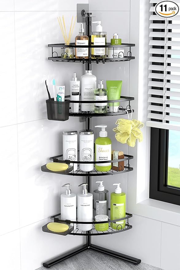 Aitatty Corner Shower Caddy Standing: 4-tier Rustproof Shower Organizer Shelf - Floor Shower Corner Shelf Rack Stand for Bathroom Black