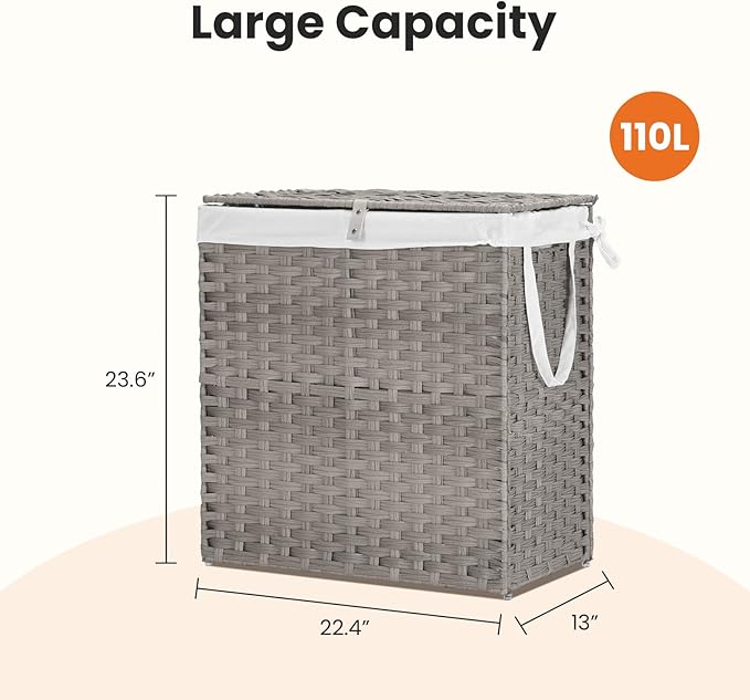 Laundry Basket with Lid, 110 L Large Capacity Hamper, Rattan Laundry Basket with Compartments & Handles, Foldable, Removable Liner, Dove Gray