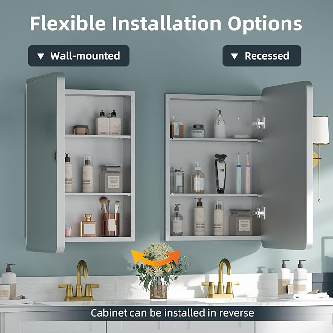 Bathroom Medicine Cabinet with Mirror 16 x 24 Inch, Silver Medicine Cabinet Recessed or Surface Wall-Mounted, Mirrored Cabinets with 2 Adjustable Shelves for Bathroom Vanity