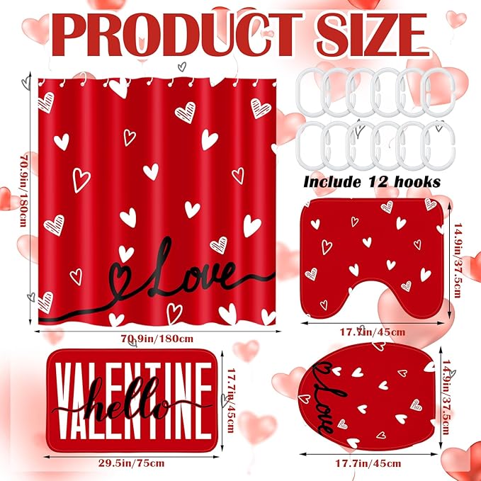 Drydiet 4 Pcs Valentine's Day Shower Curtain Set, Non Slip Rugs Toilet Lid Cover U Shape Bath Mat and 12 Hooks Love Heart Shape Red Bathroom Supplies for Valentines Accessories Decor Set