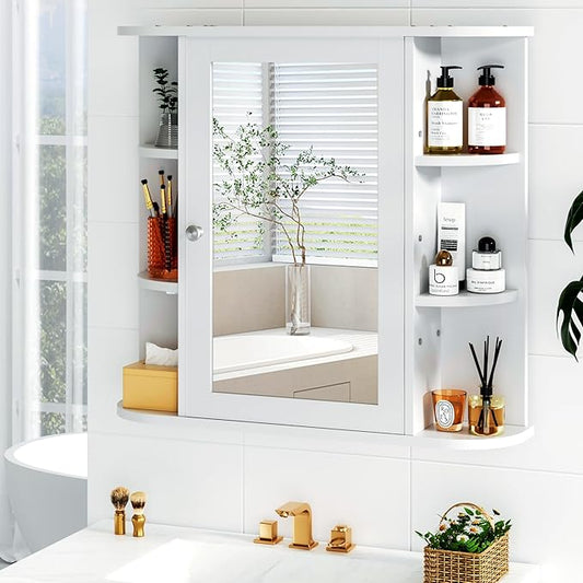 Bathroom Medicine Cabinet Mirror, Wood Medicine Cabinet with Adjustable Shelf, Mirrored Door Over The Toilet Storage, Bathroom Mirror Cabinet, White
