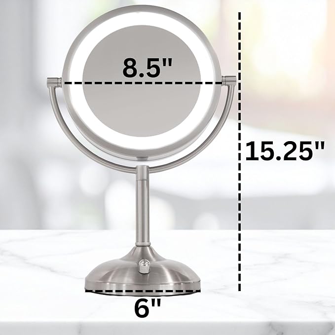 JERDON Lighted Tabletop Mirror with 10X/1X Magnification - LED Lighted Makeup Mirror with Multiple Light Settings in Nickel Finish - 8.5-Inch Diameter Vanity Mirror - Model JS8510BN