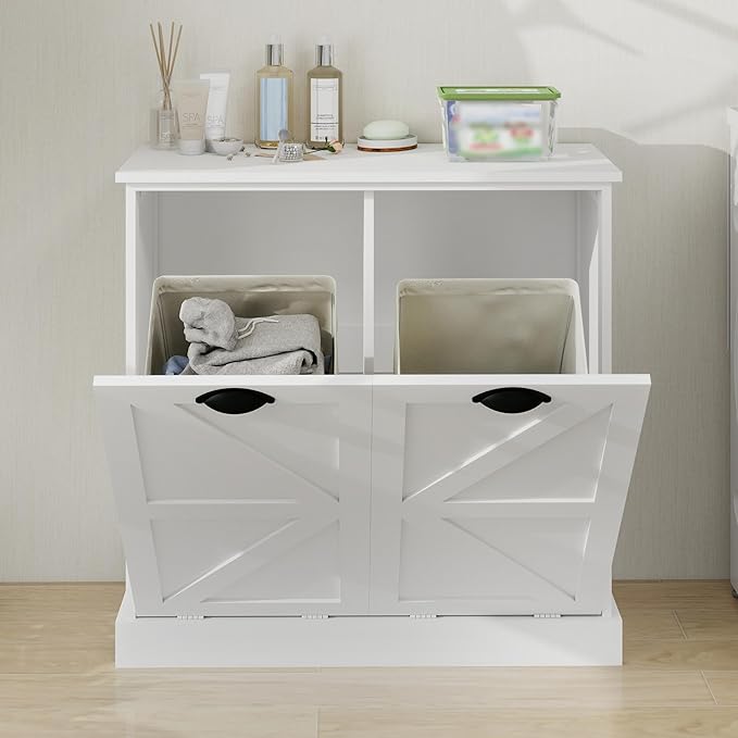 Locsear Laundry Hamper Cabinet with Removable Basket, Double Tilt Out Laundry Hamper, Wood Bathroom Storage, Free Standing Home Organizer, White