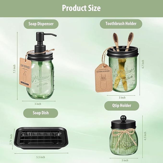 SheeChung Green Bathroom Accessories Set, 6Pcs Mason Jar Glass Bathroom Set, Lotion Soap Dispenser, Toothbrush Holder, Qtip Holder, Soap Dish, Metal Wire Basket, Rustic Farmhouse Bathroom Decor-Black
