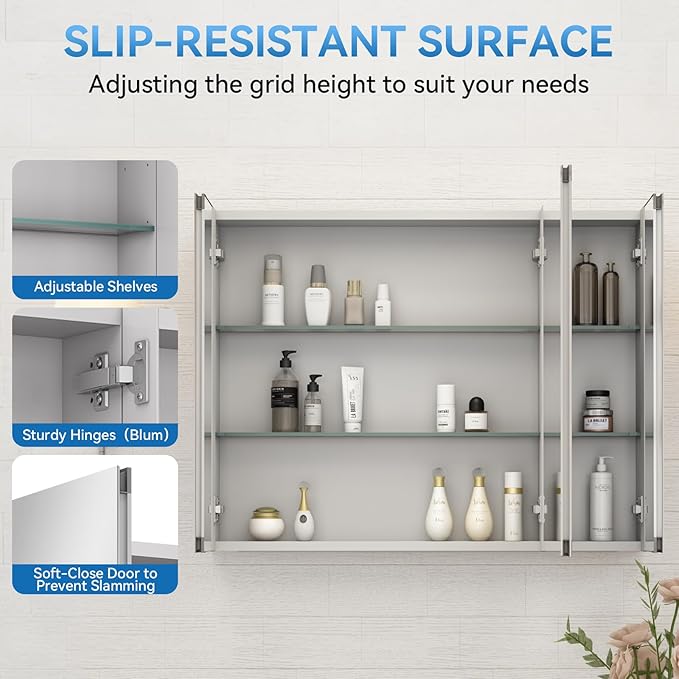 Sunrosa Aluminum Bathroom Medicine Cabinet with Mirror Door, 30"×27.5" Bathroom Mirror Cabinet, Wall-mountable and Recessed-in Mirror Cabinet, 2 Doors Medicine Cabinet Organizer II
