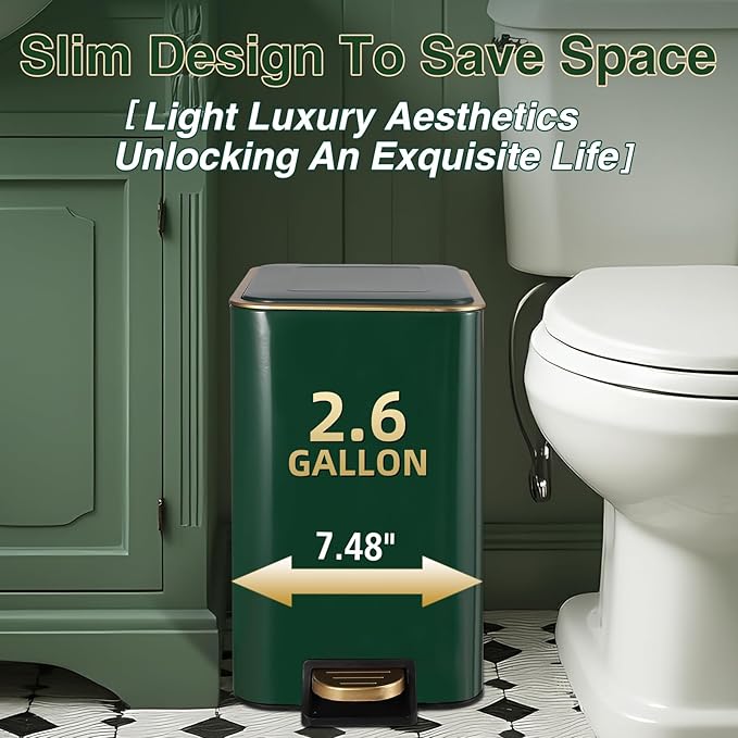 XLHOMO Bathroom Set Bathroom Accessories Set 8 Piece Green and Gold Bathroom Set, Bathroom Sets with Stainless Steel Trash Can,Toilet Brush,Toothbrush Set,Soap Dispenser