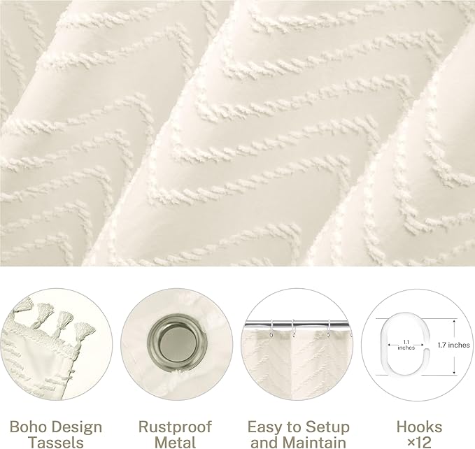 Extra Long Boho Shower Curtain Woven Fabric 84 in Cream Shower Curtain, 72 x 84, Tufted Chevron Striped Modern Chic Textured Minimalist Bathroom Shower Curtains