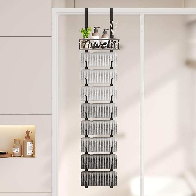 SWTYMIKI Hanging Towel Racks for Bathroom - 9 Tier Over The Door & Wall Mounted Bath Rolled Towel Storage Organizer Holder for Small Bathroom, RV, Camper, Black (Patented)
