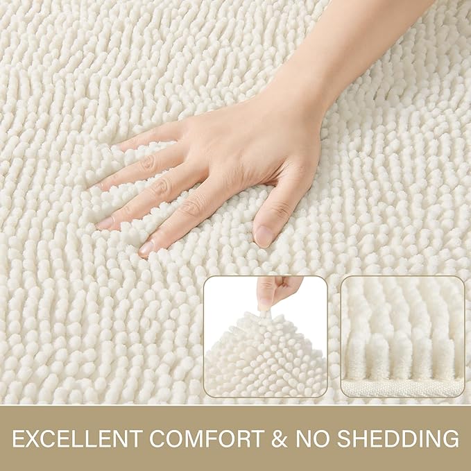 LOCHAS Luxury Bathroom Rug Shaggy Bath Mat 24 x 60 Inch, Washable Non Slip Bath Rugs for Bathroom Shower, Soft Plush Chenille Absorbent Carpets Mats, Cream White