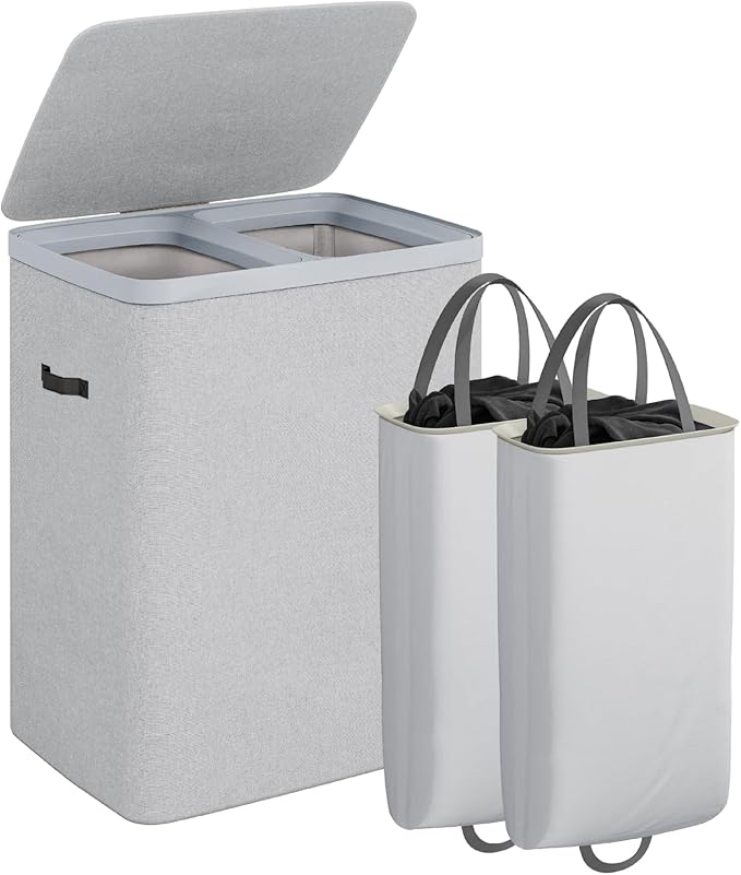 CASAMAYA Laundry Basket with Lid, Laundry Hamper 2 Section, 170L collapsible Laundry Organizer, Easy Assembly, with Handles and Removable Liners, 22 x 15.7 x 29.5 Inches, Gray JSP903G