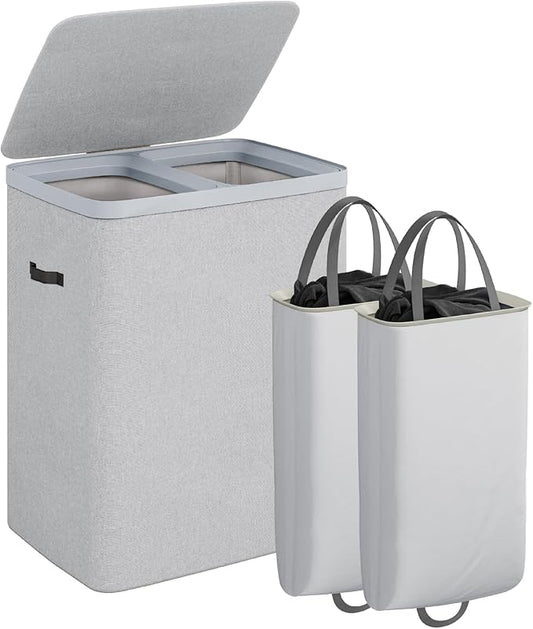 CASAMAYA Laundry Basket with Lid, Laundry Hamper 2 Section, 170L collapsible Laundry Organizer, Easy Assembly, with Handles and Removable Liners, 22 x 15.7 x 29.5 Inches, Gray JSP903G
