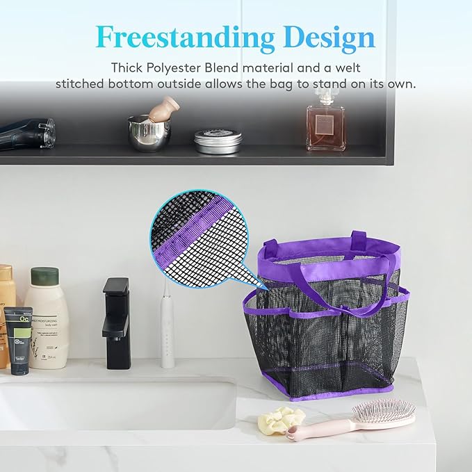 Lifewit Mesh Shower Caddy Portable for College Dorm Room Essentials with 7 Pockets, Freestanding Hanging Organizer Basket, Quick Dry Tote Bag for Camping, Bathroom, Beach, Travel, 1 Pack, Purple