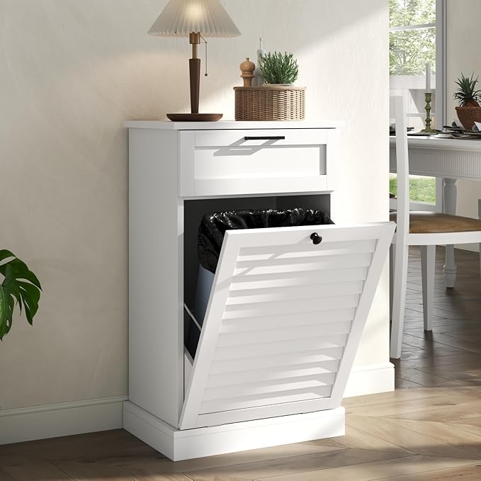 Loomie Upgraded Tilt Out Laundry Hamper Cabinet, Trash Can Cabinet with Shutter Front & Drawer, Hidden Garbage Can Bin Cabinets with Laundry Storage Basket for Bathroom, Kitchen (White, Single)