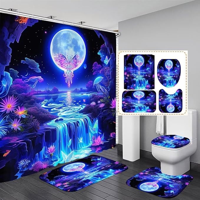jieprom 4PCS Shiny Butterfly Moon Shower Curtain Bathroom Set with Rugs,Toilet Lid Cover and Bath Mat, Shower Curtain with 12 Hooks, Durable Bathroom Decor Set