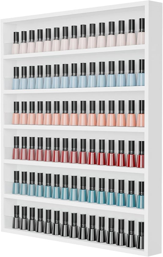 OmySalon Nail Polish Organizer Wall Mount - Holds 120+ Bottles with Acrylic Barrier, Salon Display Rack for Home Spa & Nail Studio - Assembly Required, Wooden Polish Storage (White, 6-Tier)