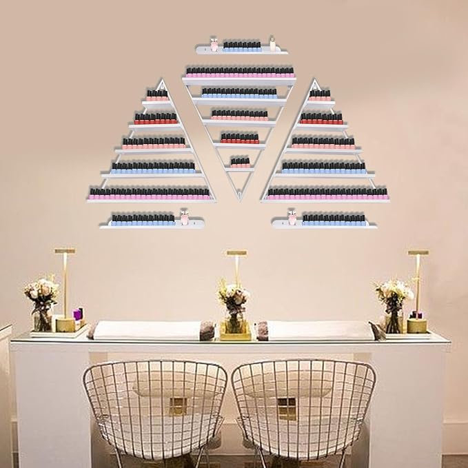 Metal Wall-Mounted Nail Polish Storage Racks,5 Tiers Triangular Nail Polish Organizer Wall,Cosmetic Display Perfume Holder Lipstick Wall Shelf for Nail Salon Shop Home (White)