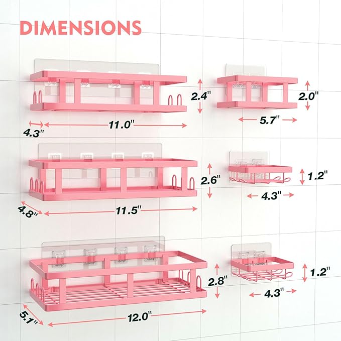 Youvip 6 Pack Shower Caddy, Adhesive Shower Shelves with Soap Holder, No Drilling Rustproof Large Capacity pink bathroom decor accessories, Pink