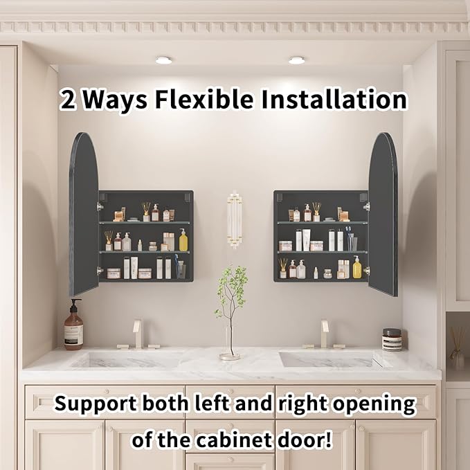 FKWin 20 x 32 Inch Black Arched Bathroom Medicine Cabinet with Mirror, Wall Mounted Surface Mount Bathroom Storage Cabinet,Adjustable Tempered Glass Shelves,Vanity Mirror with Storage