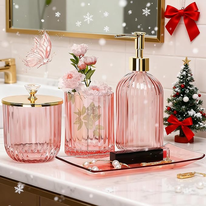 Jenseits Pink Bathroom Accessories Set, 4 Pcs Glass Bathroom Accessory Sets, Soap Dispenser, Toothbrush Holder, Qtip Holder, Vanity Tray, Housewarming Dorm Apartment Decor Home Essentials Gift For Her