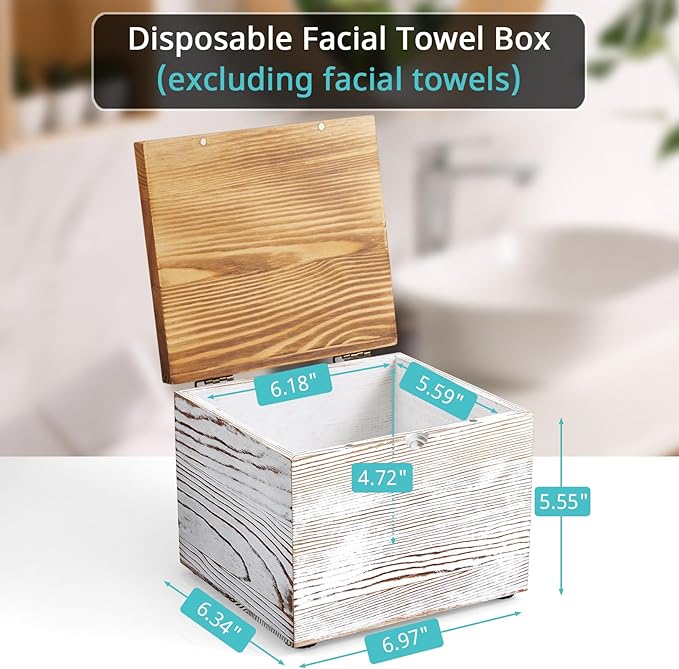 Bivvclaz Disposable Face Towel Holder, White Washed Wood Face Towel Container Compatible with Clean Towels XL, Face Towels Storage Box with Lid, Makeup Remover Organizer for Vanity, Bathroom