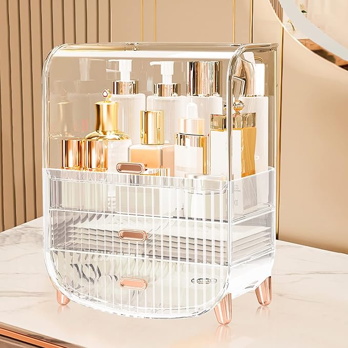 Ergocar Portable Transparent PET Series Multi-Function Make Up Case Dustproof Cosmetic Storage Box, Cosmetics Skin Care Products Jewelry Organizer Case Lipstick Box - White Three Layers