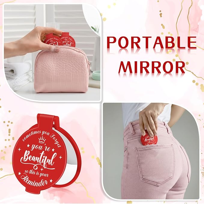 100 Pcs 2.76 Inch Inspirational Compact Mirror Bulk Women Small Gifts Graduation Party Favors Purse Mirror Pocket Mini Stuffer Items for Adult Coworker Cheerleader Employee (Red)