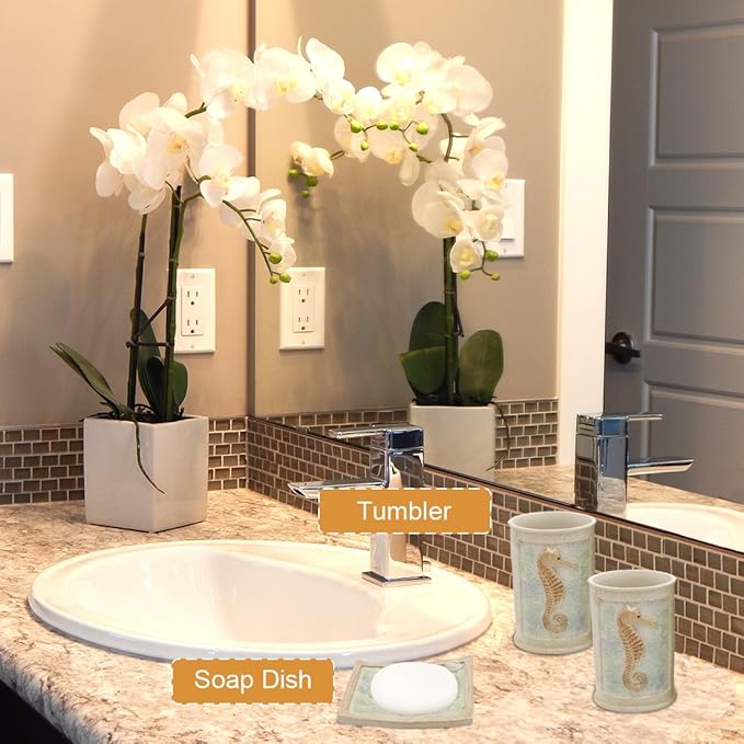 Set, 5 PCS Beach Seashells Ensemble Set Includs Soap Dispenser, Soap Dish, Tumbler, Toothbrush Holder - Ivory Polyresin Set for Home, Office, Superior Hotel