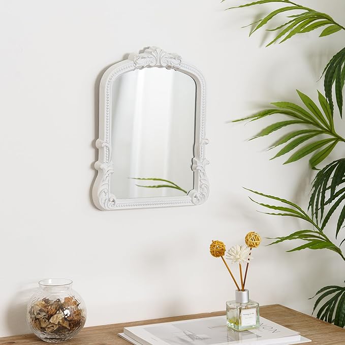 Small White Vanity Desk Mirror Vintage Mirror Arched Farmhouse Chic Table Baroque Wall Mirror for Living Room Tabletop Bedroom Dresser Countertop 9.6x12.3