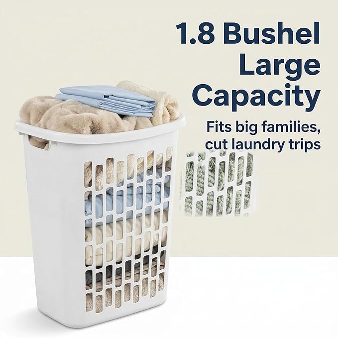 (3-Pack) 1.8 BUSHEL Slim-Iine Open Plastic Laundry Hamper, with Reinforced Handle for Easy Carrying of Clothes, Durable, Suitable for Bedrooms, Laundry Rooms, Bathrooms, White