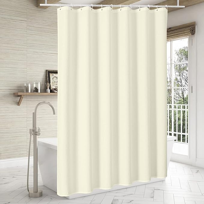 MitoVilla Extra Long Shower Curtain 72 x 84, Beige Waffle Fabric 84 inch Shower Curtain, Farmhouse XL Shower Curtains for Bathroom Decor, Luxury Weighted Shower Curtain 84 inch, Cream