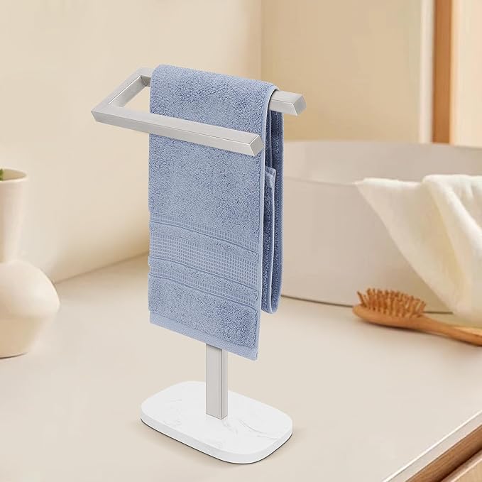 Livabber Standing Hand Towel Holder, 304 Stainless Steel Hand Towel Rack Stand with Heavy Marble Base, Bath Accessories, Towel Ring for Bathroom Kitchen Countertop, 14 Inch (Brushed Nickel)